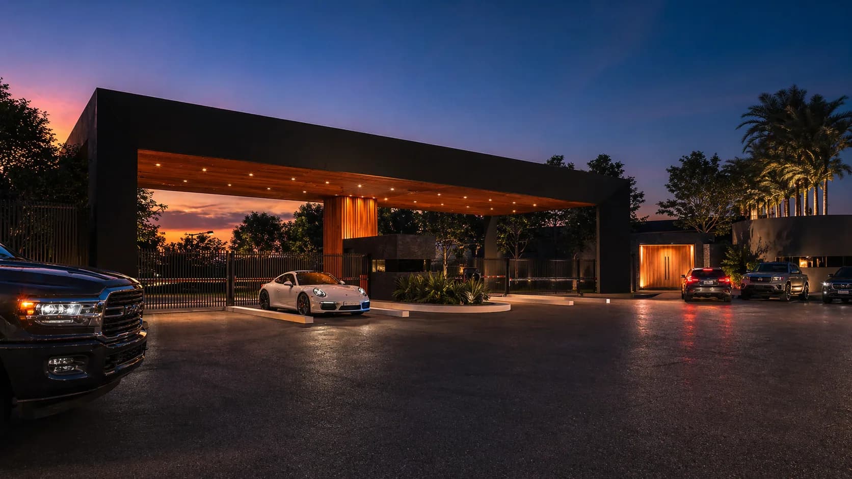 Portaria principal iluminada ao entardecer